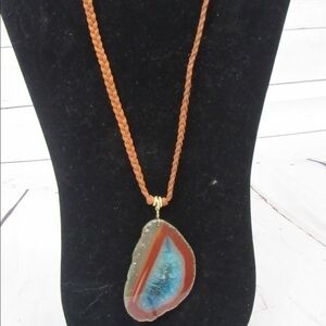 Mosaic crystal pendant leather necklace